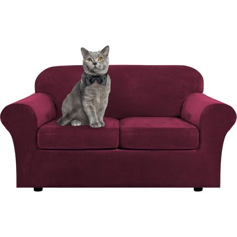 Soft stretch velvet sofa cover with separate cushion covers for 1, 2, 3 seater sofas with anti-slip strap for living room, bedroom (wine red, 2 seater) (1/5)