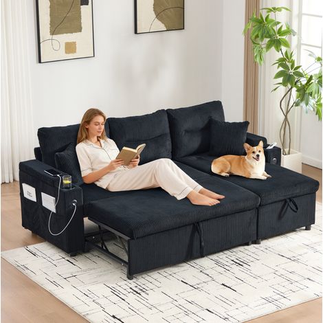 MODFU – Canapé 3 places convertible velours côtelé noir – Méridienne coffre et USB-C – Lit banquette – Noir (1/5)