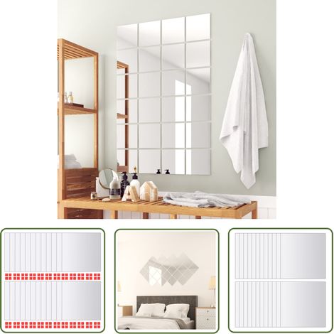 The Living Store Carreau de miroir 24 pcs Carré Verre - Miroirs Décoratifs - Carrelage Mural - Miroir Argenté - Miroir Sans Cadre - Déco Murale (1/5)
