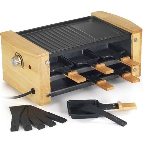 Kitchenchef – Appareil à raclette 6 personnes 900W – Thermostat réglable – Plaque grill antiadhésive – Corps en bois véritable