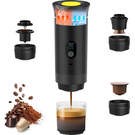 Machine à café portable avec écran numérique de température, 3 en 1 Machine à expresso électrique portable pour camping, voyage, compatible avec petites et grandes capsules, café moulu - Noir (1/5)