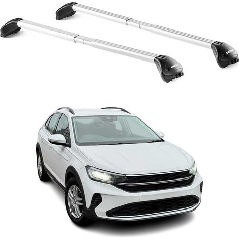 OMAC Barres de toit transversales certifiées TÜV pour VW Taigo 2021-2026 – Verrouillables (4 antivols) – Charge max 100 kg – Sangle inox + protection caoutchouc Argent (1/5)