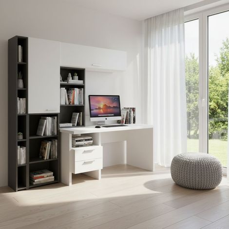 Angolo studio multifunzionale con libreria a profondità variabile e cassettiera integrata - Bianco e basalto