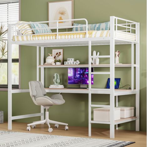 Cama Alta 90x200 Cm Estructura Metal Y Mdf Blanco (1/5)