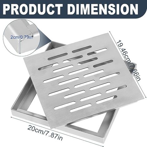 Stainless Steel Square Floor Drain Plug 200 x 200 mm with Frame Odor Proof for Bathroom, Patio, Balcony, Garden, Outdoor, Drainage Grill, Water Drain (1/4)
