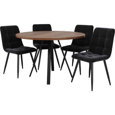 Set de comedor de 5 piezas mesa redonda 80x80x75 cm con 4 sillas de terciopelo nogal negro (1/5)