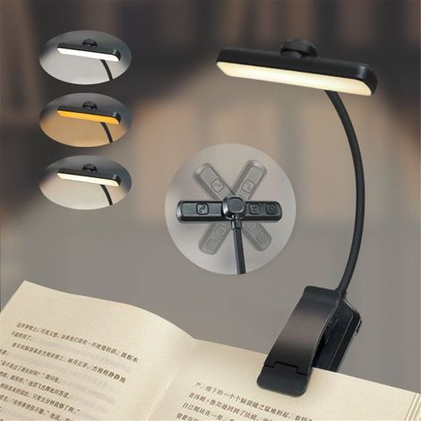Lampe de lecture LED à rangée de branches, pince de protection oculaire rotative, 3 températures de couleur, 5 niveaux de luminosité, rechargeable par USB-C, noire (1/5)