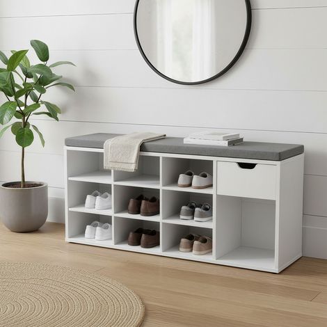 Banc à Chaussures, Banc de Rangement, avec Tiroir et Compartiments, Couloir, Entrée, Chambre, Blanc et Gris (1/5)