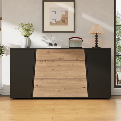 Sideboard kommode 140x35x70 cm für wohnzimmer und küche mit 3 schubladen und 2 türen aus holz mdf modern schlicht - schwarz und natur (1/5)