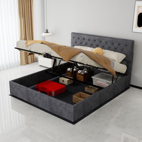 Lit moderne minimaliste et moelleux avec tête de lit confortable et douce, lit coffre haut 160 x 200 cm gris, meuble de chambre multifonctionnel avec système hydraulique pour un accès facile au rangem (1/5)