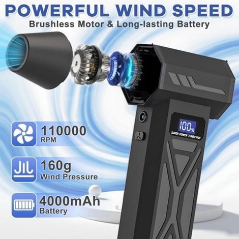 Souffleur d’air comprimé sans fil 110 000 tr/min, batterie, 4 vitesses écran LCD, kit brosses, pour PC, clavier, voiture (1/4)