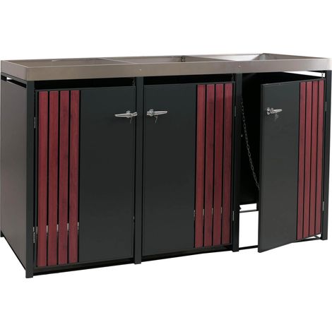 3er-Mülltonnenverkleidung HHG-375, Mülltonnenbox mit Pflanzkasten, Metall 125x196x84cm 75kg anthrazit Holzoptik dunkel