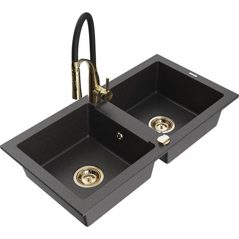 Mexen Mario lavello in granito a 2 vasche con rubinetto da cucina Aster, nero maculato - 6504-76-73450-57-G (1/5)