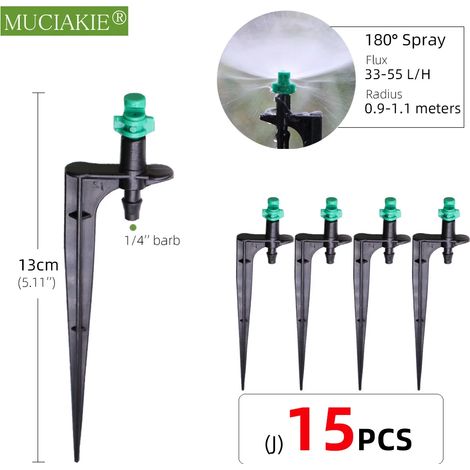 (Jx15pcs) 24 types d'arroseurs de jardin avec piquet, goutteurs à réfraction à atomisation réglable, buses à vortex, raccord cannelé 1/4'' (1/5)