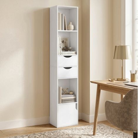 Librería estrecha con 2 cajones y 3 estantes abiertos, 30x24x158 cm, blanca OKMYHOME (1/5)