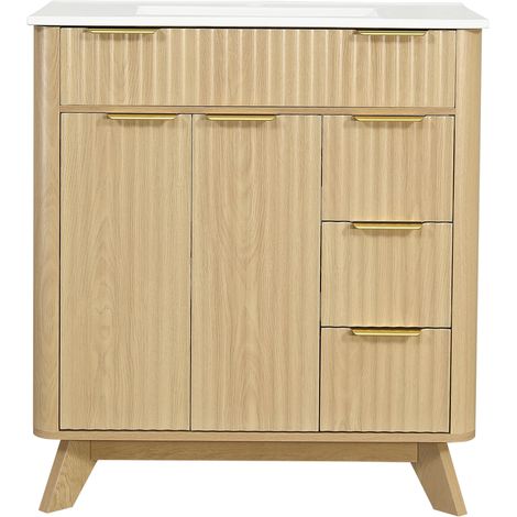 Mobile bagno con lavabo ceramico 81 cm, finitura legno naturale, 3 cassetti e 2 ante HOMVRA (1/5)