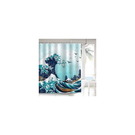 Rideau de Douche Vague Japonaise Kanagawa 180 x 180 cm Rideau de Bain Tissu Polyester Anti Moisissure Imperméable Lavable Rideau Salle de Bain avec 12 Crochets pour Baignoire (1/4)