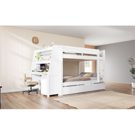 Lit mezzanine 140 x 200 cm avec bureau et armoire de rangement intégrée, position réversible gauche/droite, blanc (1/4)
