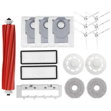 Pièces détachées pour aspirateur Roborock Qrevo MaxV, Qrevo S et Qrevo Pro : brosse principale, filtre HEPA, lingette de nettoyage et sacs à poussière.