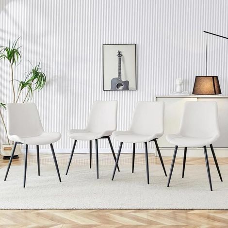 Chaise de salle à manger - KOMHTOM - Moderne - Blanc - Dossier ergonomique - Pieds métal noirs antidérapants (1/5)
