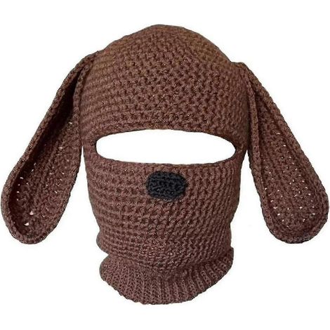Cagoule intégrale en laine tricotée, bonnet d'Halloween avec oreilles de lapin marron (1/5)