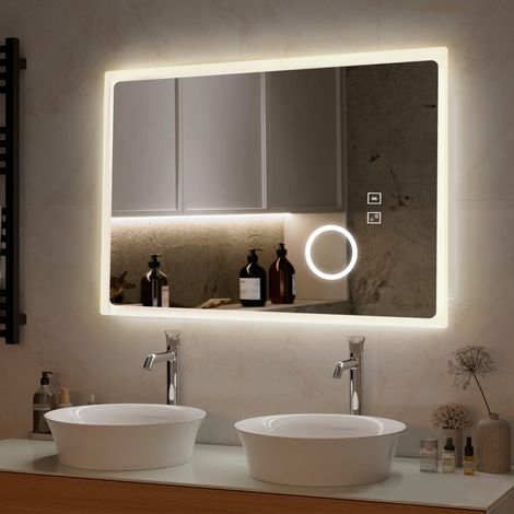 Bathroom Mirror with LED Lights, 70x50cm LED Bathroom Dimmable 3 Colors Illuminated Backlit Wall Vanity Mirror with Anti-Fog and 3x Magnification, Smart Mirror, 6500k (1/5)