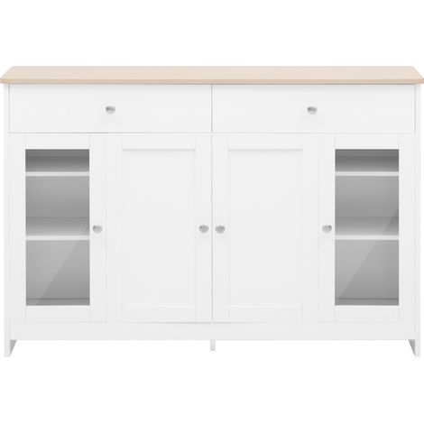 Aparador de MDF blanco efecto madera, 4 puertas, 2 cajones y cristal, 120 cm (1/5)