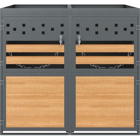 CAIziAbri pour poubelles 2 bacs avec toit végétalisé, 120-240 litres, anthracite, porte aspect bois, avec possibilité d’extension, coffre de rangement pour poubelles, box à poubelles (le produit ne co