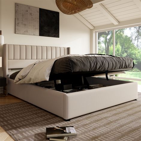 Haubenkastenbett - Doppelbett Stauraumbett Hydraulisches Bett mit Holzlattenrost + Kopfteil Metallgestell Erwachsenenbett aus Leinen - beige 160x200cm (1/5)