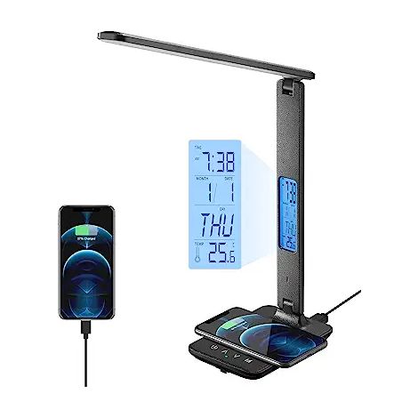 Lampe de bureau pliable à chargement sans fil 10 W avec port de chargement USB, lampe de bureau avec horloge, réveil, date et température, lampe de bureau noire (1/3)
