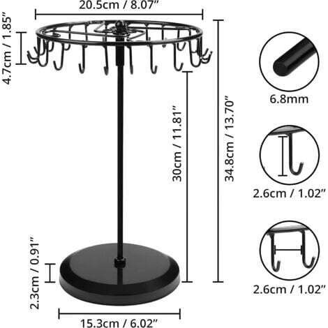 NALOOKAMIC Présentoir à bijoux pivotant noir en métal cuivré (23 crochets) - H34,8 x L20,5 cm - Tour présentoir à bijoux - Support pour colliers, bracelets, bagues et boucles d'oreilles (1/4)