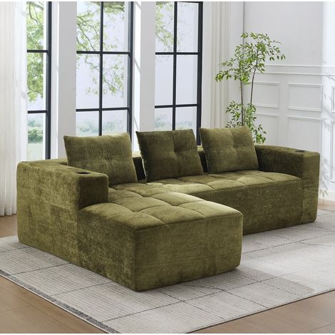 Divano angolare da 255 cm in tessuto felpa (chenille) verde con portabicchieri e 3 cuscini (1/5)