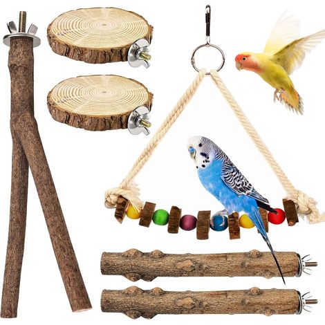 Perchoir Oiseau - 6 Pièces - Bois Naturel - Jouet Grimpe - Cage Perruche Canari - Tailles Variées (1/5)