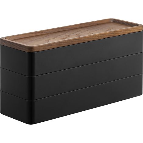 Boîte à bijoux, en plastique ABS - 3 niveaux, organisateur de rangement, avec couvercle en bois, montres et accessoires, design compact - 8 x 24 x 11,5 cm, design japonais, noir (1/5)