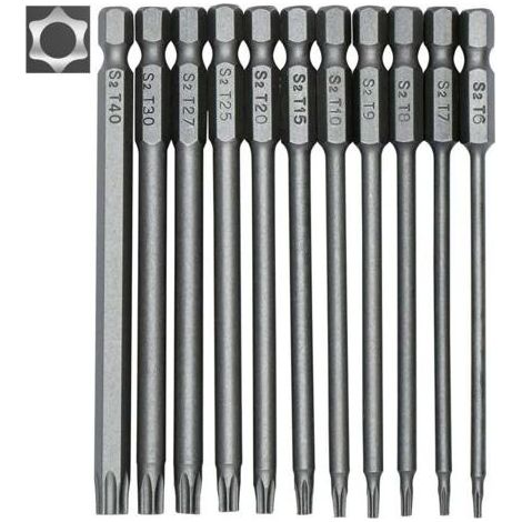 Jeu de 11 embouts longs Torx pour tournevis et visseuse électrique - Embouts magnétiques - Tige hexagonale de 1/4" - Tailles T6 à T40 - Longueur 100 mm (1/4)