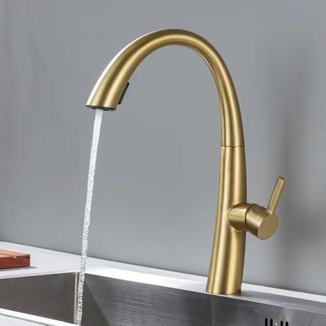 Grifo de cocina color oro con boquilla de enjuague práctica, fabricado en acero inoxidable 304. (1/4)