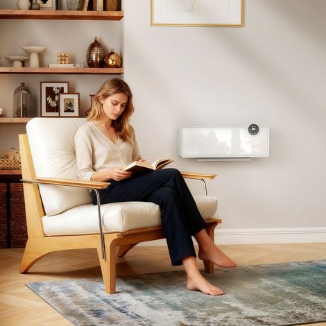 Calefactor cerámico de pared de 1000/2000 W, radiador eléctrico, ventilador, termostato, temporizador, 54 x 18,7 x 12,3 cm, blanco (1/5)