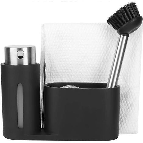 Organisateur d'évier de cuisine, distributeur de lessive en acier inoxydable, porte-serviettes (noir) (1/5)