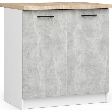 Akord – Armoire de cuisine basse 80 cm – 2 portes battantes – Façade béton – 2 étagères – Dimensions 80x46x85 cm – Panneau stratifié blanc