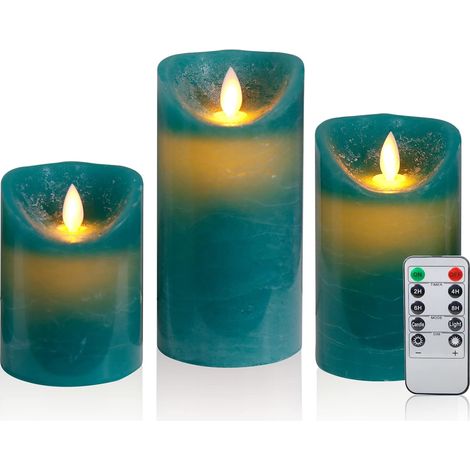 Bougies LED Vacillantes Sans Fumée, Bougie en Cire Véritable, Bougie à Piles avec Minuterie à Télécommande, 3pcs Grises Vert Bougie (1/4)