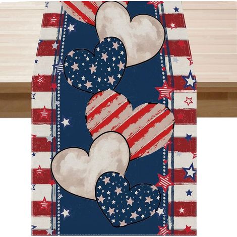Chemise De Table - Motif Étoiles Rayures Cœurs - Rouge Blanc Bleu - 33 X 183 Cm - Décoration De Table Pour Fêtes Patriotiques - 1 Pièce (1/5)