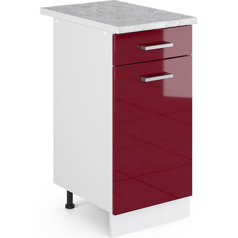 Unterschrank R-Line, Bordeaux Hochglanz, 40 cm mit Schublade, mit Arbeitsplatte, Vicco