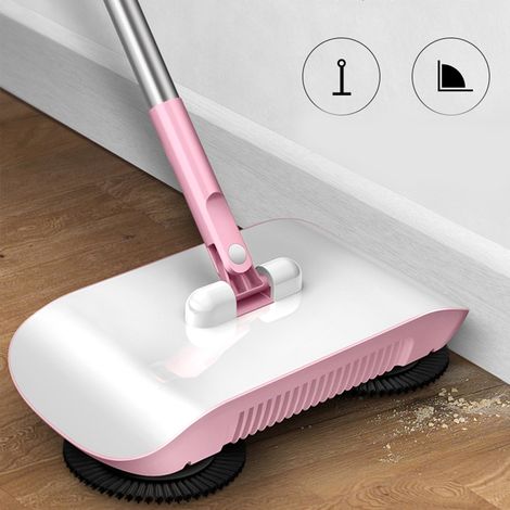 Balai ramasseur à main poussable maison rose 35x18.5x9.5cm boîte poussière acier inox+PP brosse PP serpillière fibre 1 balayeuse +3 tiges 102cm nettoyage sol (1/5)
