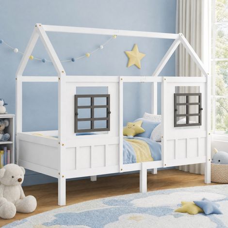 DESMIU Lit enfant 1 place avec barrières, 2 fenêtres et forme maison, 90 × 200 cm, sans matelas, blanc (1/5)