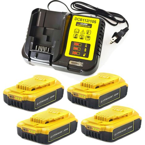 Powerwings – Pack de 4 batteries lithium 18V-20V 2.0Ah – Indicateur LED – Chargeur DCB112 inclus – Compatible avec DEWALT DCB180 DCB181 DCB182 DCB183 DCB184 (1/5)