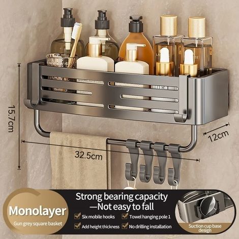 (Barre carrée grise) Étagère de rangement de salle de bain en aluminium sans perforation avec ventouses, panier triangulaire mural, rangement d'angle (1/5)