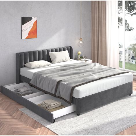 Lit en velours gris 180x200 cm avec tête de lit haute, 2 tiroirs et sommier à lattes inclus (1/5)