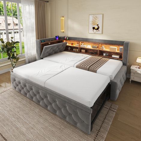 Lit convertible 90x190 cm avec cadre en velours gris, canapé avec accoudoirs de rangement, tête de lit en bois avec étagère, lumière LED, USB et Type-C, sommier à lattes, pour salon et chambre d'amis, (1/5)