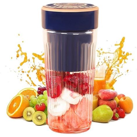 (Marineblau) Tragbarer, wiederaufladbarer Zitrusentsafter, 300 ml, 6 Klingen, zerkleinert Eis, leistungsstark, ideal für Reisen und Fitness (1/5)