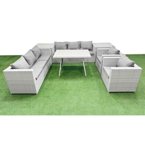 Fimous 8 Seater Garden Furniture Set PE Ratten Garden Sofa Set with Rectangular Dining Table 2 Side Tables Light Grey (1/4)